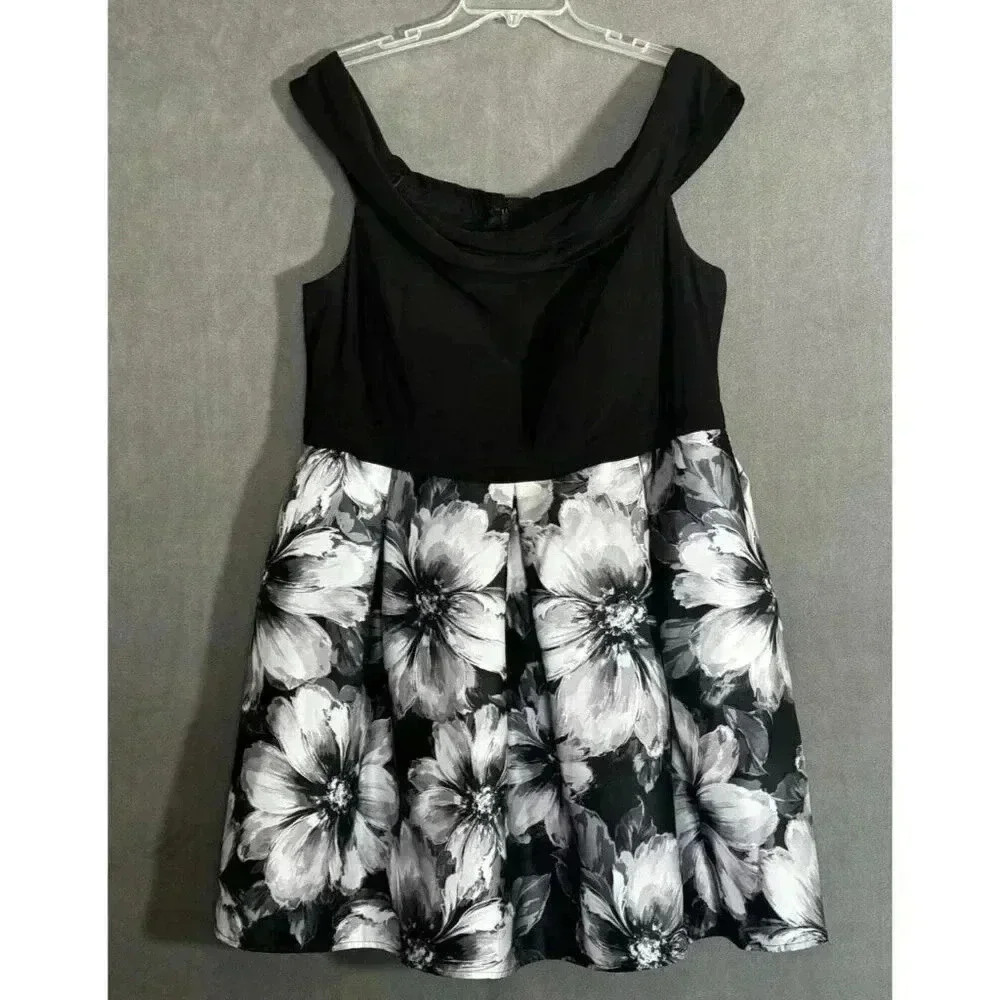 Morgan & Co Womens 18W Black Floral Off Shoulder Fit Flare Cocktail Dress‎ Gray